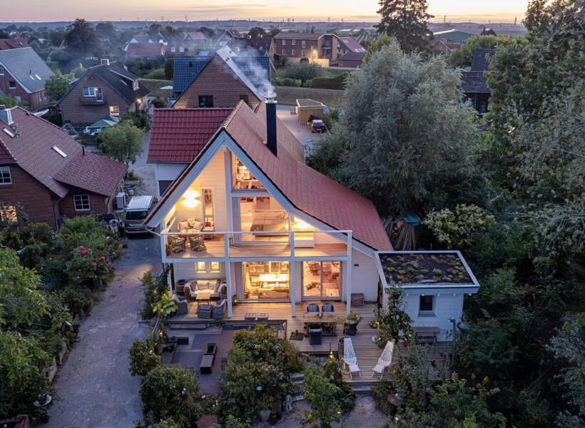 Log house in Germany in evening lighting