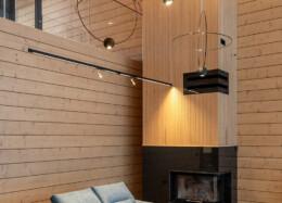High-ceilinged living room in a solid wood house
